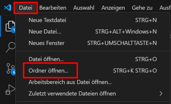 Ein Screenshot aus VSCode, in dem der 'Ordner öffnen' Menüpunkt markiert ist