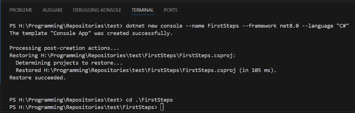 Ein Screenshot aus VSCode, der die oben angegebenen Befehle im Terminal zeigt