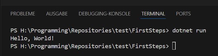 Ein Screenshot aus VSCode, in dem der Befehl 'dotnet run' im Terminal ausgeführt wird
