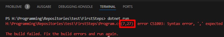 Ein Screenshot aus VSCode, in dem eine Fehlermeldung im Terminal zu sehen ist