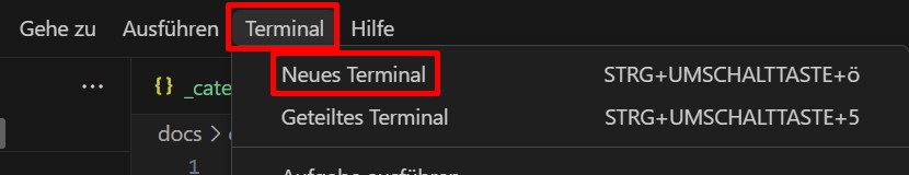 Ein Screenshot aus VSCode, in dem der 'Terminal öffnen' Menüpunkt markiert ist