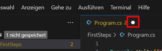 Ein Screenshot aus VSCode, der den Punkt für ungespeicherte Änderungen neben dem Dateinamen markiert